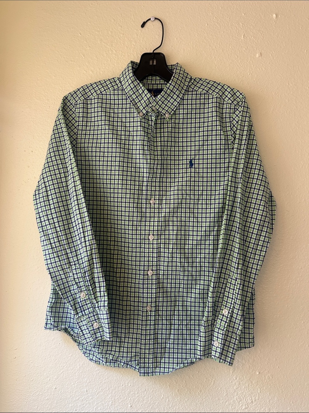Ralph Lauren Light Green and Navy Check Button-Down Shirt EUC